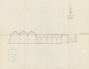 Jamiʿ(mosque) al-Hanabila - north-south section with the prayer hall, courtyard, and the minaret