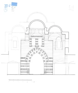 Khan Qurdbak, portico, facade of the northern portal and east-west cross-section
