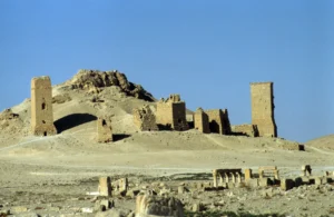 Palmyra, scenery in the valley of the tombs, showing a group of tower tombs