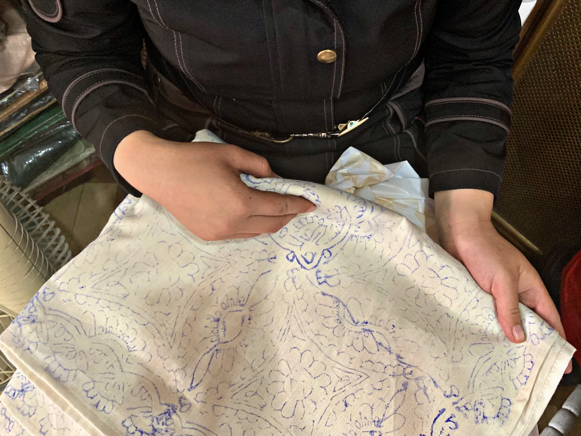 A sample of the handprinted fabric prepared for the women of Douma.
