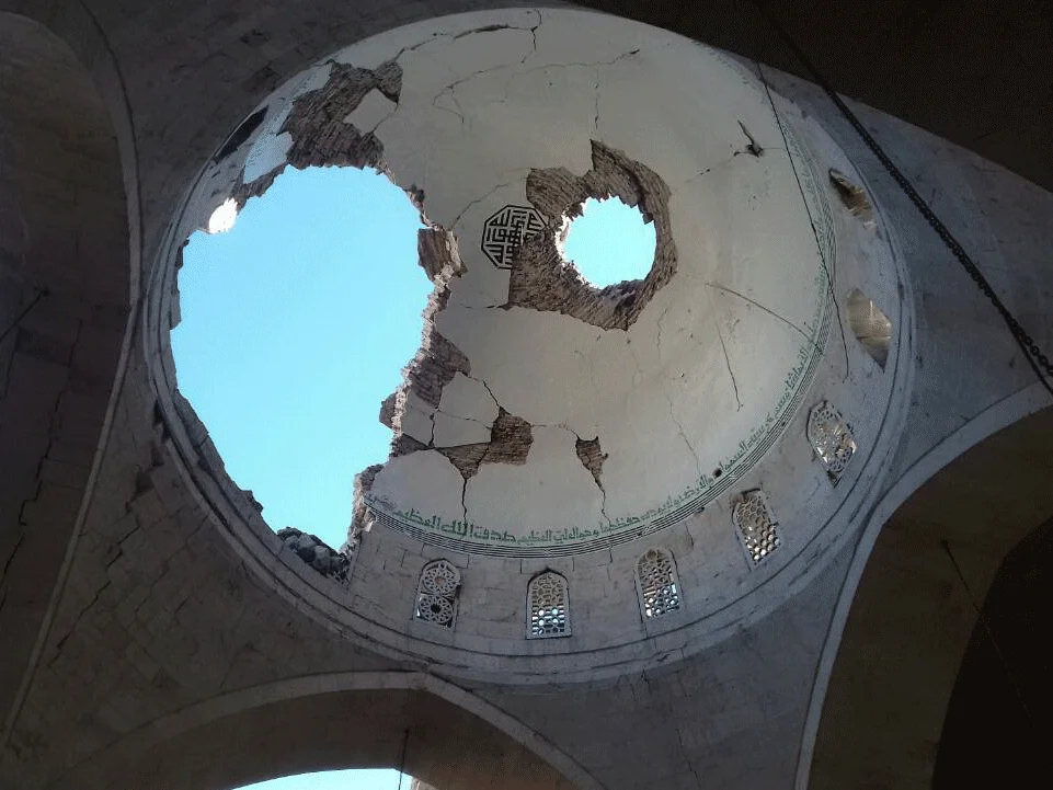 Damage pattern, partly collapsed dome of al-Bahramiyya mosque, Aleppo, Syria