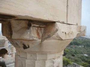 Damage pattern, corrosion of an iron connector led to cracks and outburst, Acropolis, Athens