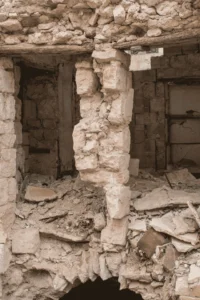 مشهد دعامة جدارية بخطر الانهيار، بعد انهيارات جزئية في بيت غزالة، حلب، سوريا