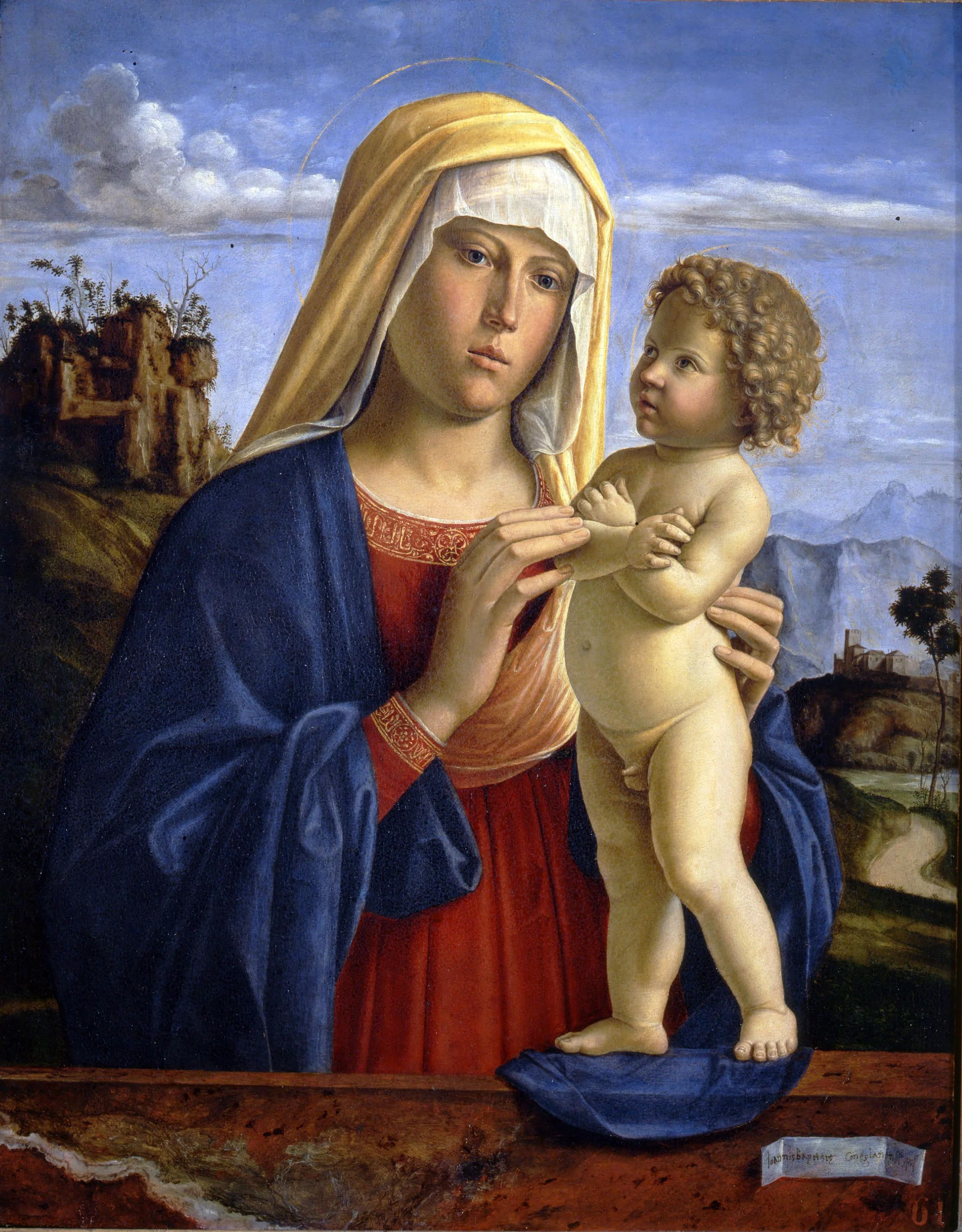 Painting detail of „Madonna and Child“ by Cima da Conegliano, showing pseudo-Arabic writing on the stitching, 1495